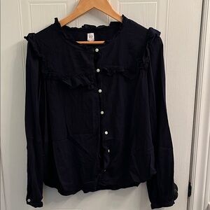 Navy Ruffle Button-Up Blouse